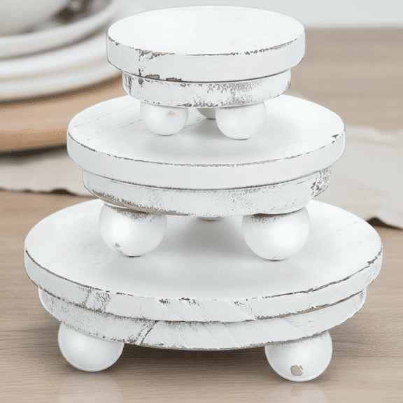 3-Piece Wooden Display Risers Set: 5, 4, and 3 Inch Round Pedestal Stands for Cakes, Decor, and Tiered Trays - Rustic Kitchen and Buffet Decor in Washed White Finish