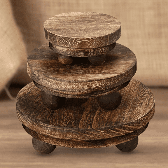 3-Piece Wooden Display Risers Set: 5, 4, and 3 Inch Round Rustic Pedestal Stands for Cakes, Decor, Buffets, and Tiered Trays - Kitchen & Home Decor (Brown)