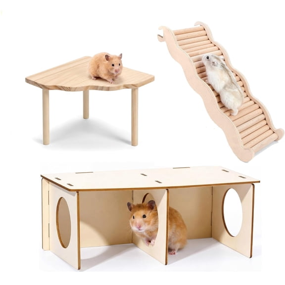 3-Piece Wooden Hamster Toys , 2-Story Hideaway & Chew Platforms for Small Pets & Rodents