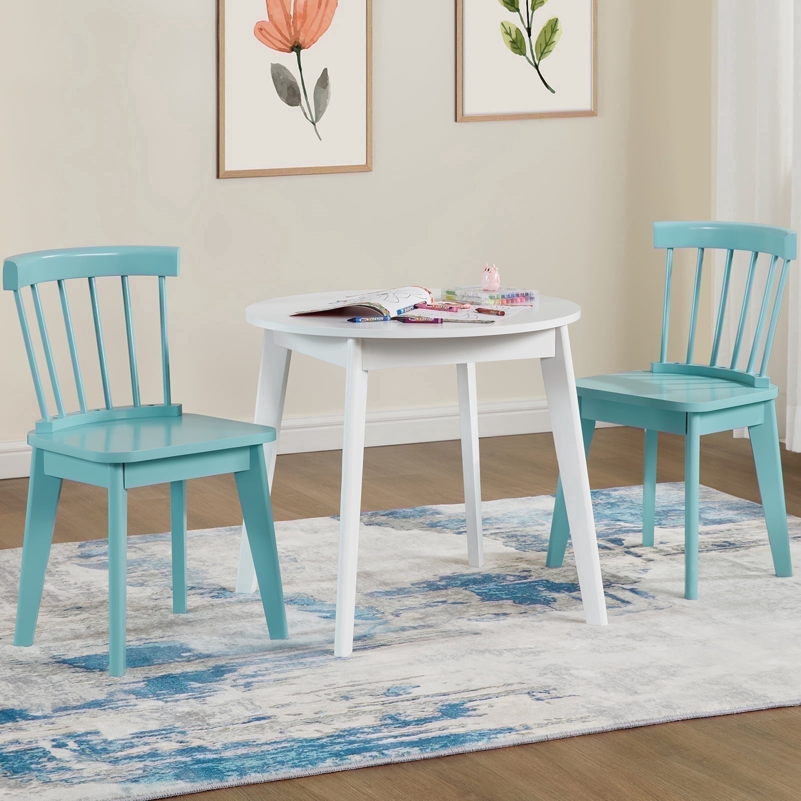 BOUQUETYZ 3-Piece Solid Rubber Wood Kids Table and Chairs Set, Activity Art & Craft Desk for Toddlers 3-8, Natural Finish