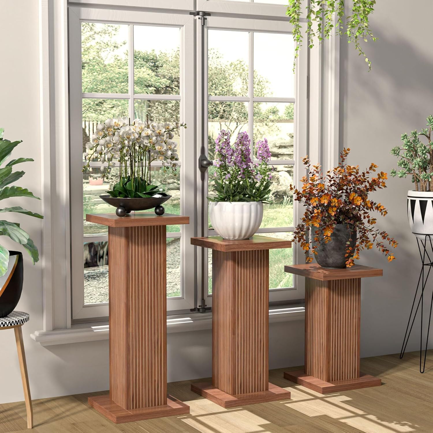 3 Piece Wooden Plant Stand, Square Pedestal Display Plant Stand with Fluted  Panel, Flower Potted Plant Stand, Wood