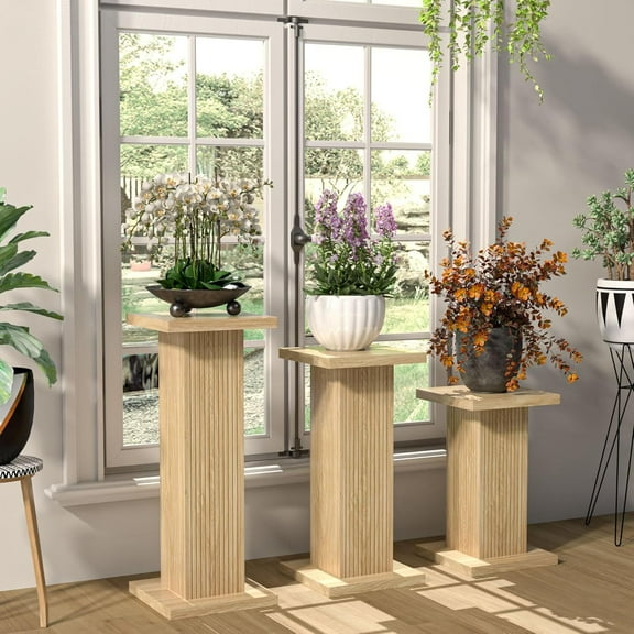 3 Piece Wooden Plant Stand, Square Pedestal Display Plant Stand with Fluted Panel, Flower Potted Plant Stand, Wood