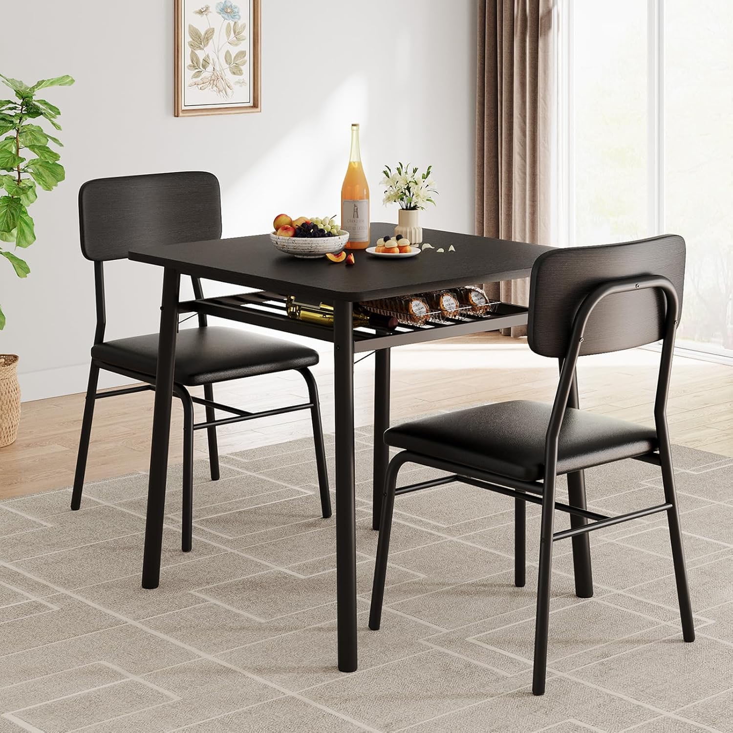 3-Piece Wooden Round Table & Chair Set, with Metal Frame, Built-in Storage Rack, Space Saving ...
