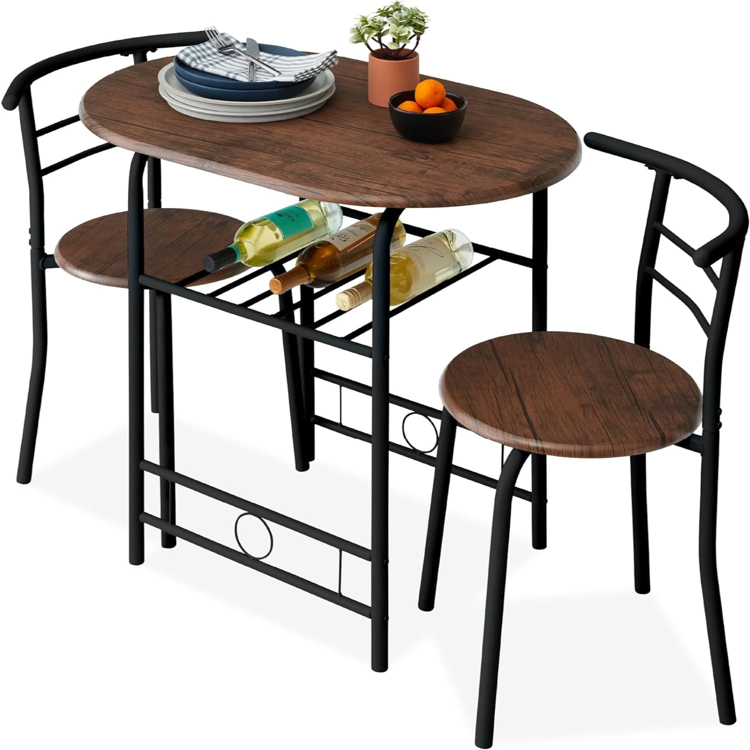 Compact Black MDF Wood and Steel Dining Set with Built-in Wine Rack