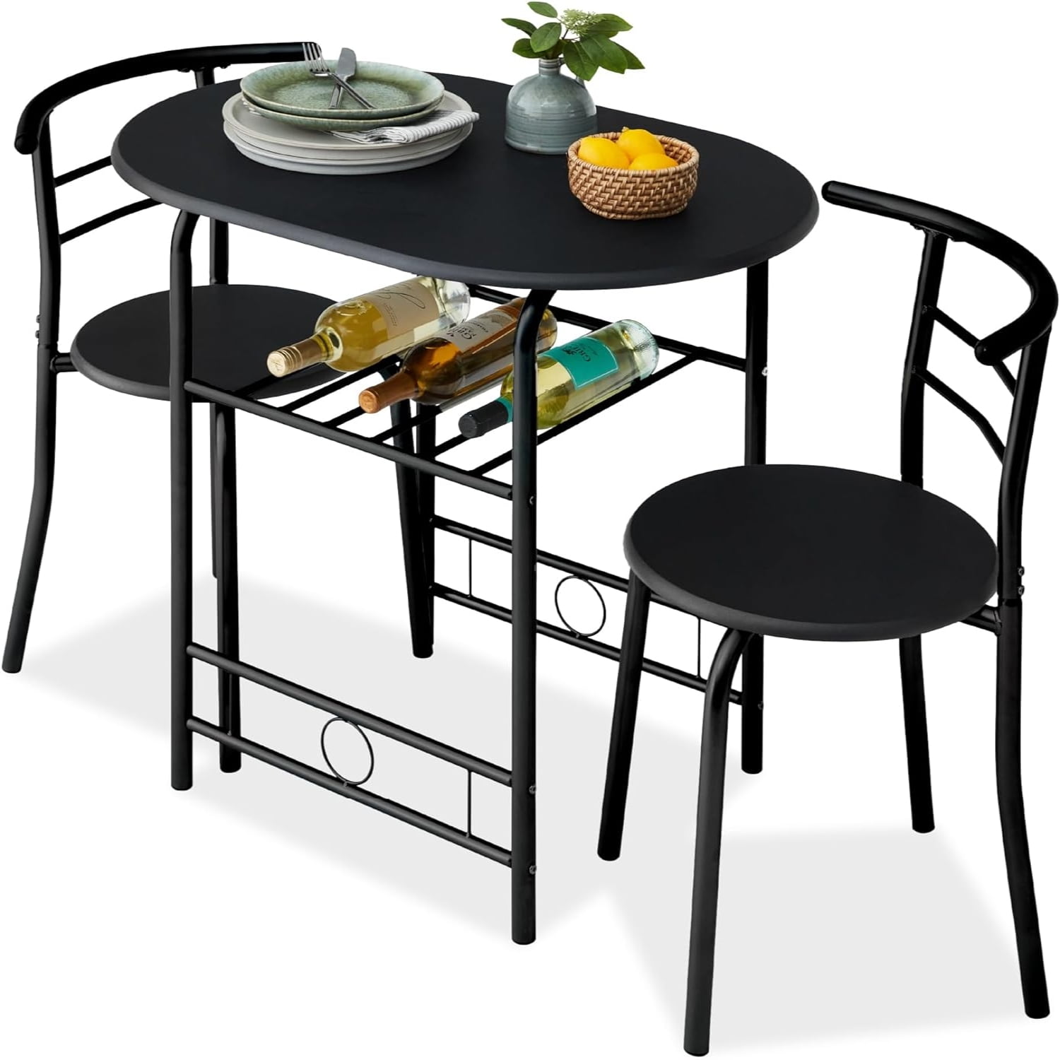 Compact Black MDF Wood and Steel Dining Set with Built-in Wine Rack