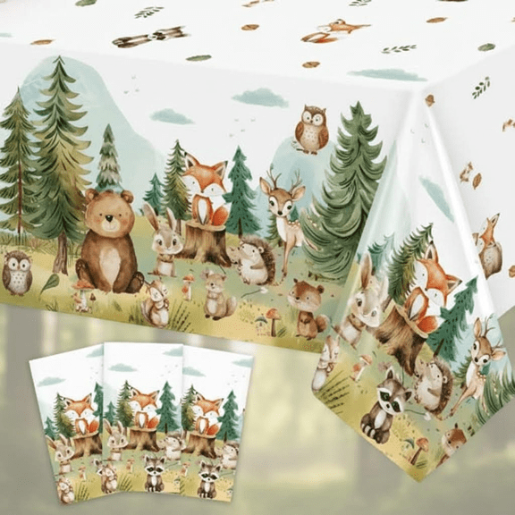 3-Piece Woodland Baby Shower Decorations Set with Large Rectangular Plastic Tablecloth, 54 x 108 Inch Forest Animals Mountain Wilderness Theme Table Cover for Boys