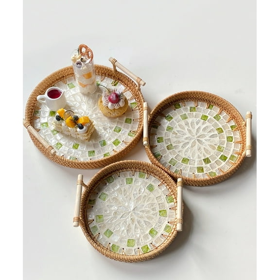 3-Piece Woven Rattan Basket Tray Set – Round Boho Wicker Storage Baskets for Fruit, Snacks, Keys & Decor, Handmade Rustic Organizer for Coffee Table, Bathroom & Kitchen Counter