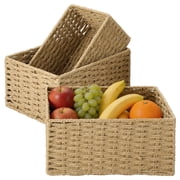 3 Pack 3 Sizes Paper Rope Storage Basket Set  Multipurpose Handwoven Organizer Bins for Home, Office, Coffee Table & Shelves, Camel, Lightweight & Durable