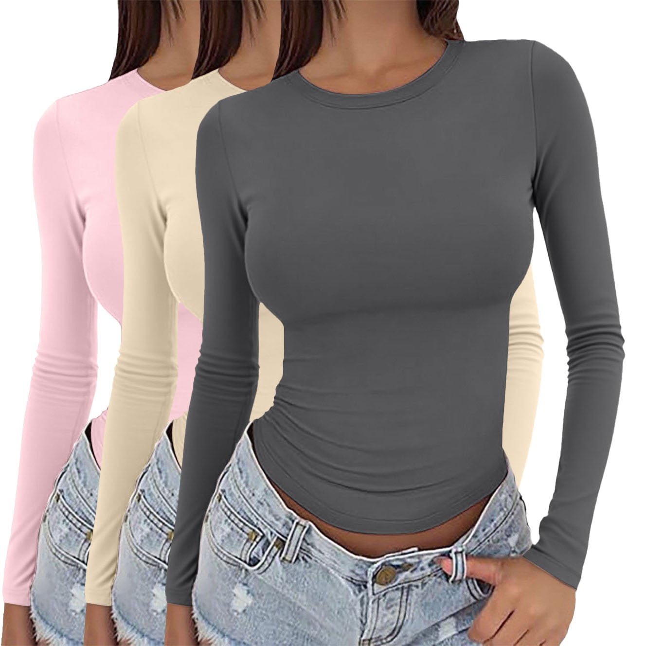 3 Piece Y2k Basic Long Sleeve Crop Top Round Neck Slim Fit Polyester 3 Piece Y2k Basic Long Sleeve Crop Top Round Neck Slim Fit Polyester