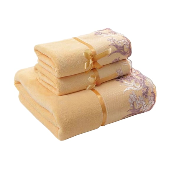 3-Piece Yellow Bath Towel Set - Luxury Soft Cotton Towels with Embroidered Lace Trim