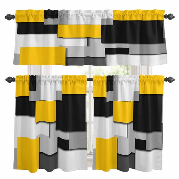 3 Piece Yellow Black Patchwork Kitchen Curtain Valance and Tiers Set Abstract Retro Art Rod Pocket Tier Curtain 24 Inch Small Window Drapes for Living Room Bedroom Cafe Home Decor