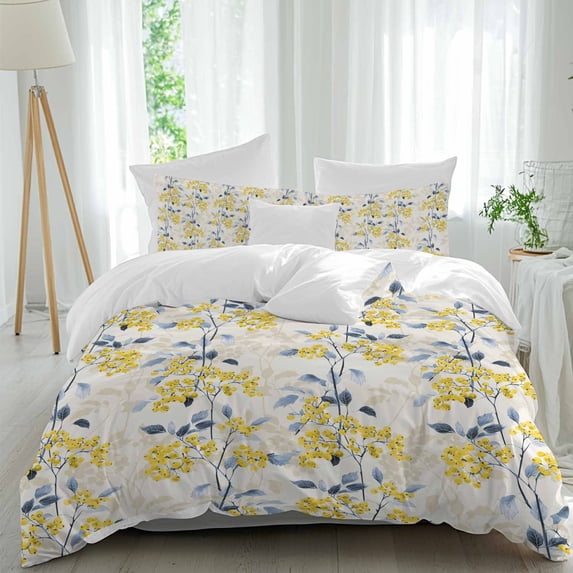 3 Piece Yellow Blue Spring Floral Duvet Cover Set Queen Size,Microfiber Comforter/Quilt Cover with Corner Ties and 2 Pillowcases,Summer Botanical Farmhouse All Season Soft Bedding with Zipper Closure