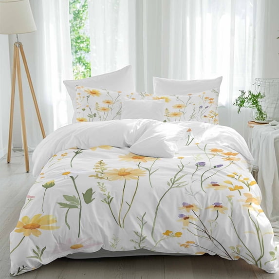 3 Piece Yellow Daisy Floral Duvet Cover Set Full Size, Microfiber Comforter/Quilt Cover with Corner Ties and 2 Pillowcases, Spring Rustic Botanical Flowers All Season Soft Bedding with Zipper Closure