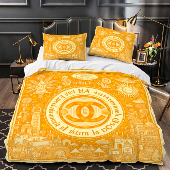 3-Piece Yellow Duvet Cover Set with Intricate Patterns and Text Perfect for a Stylish Bedroom Makeover