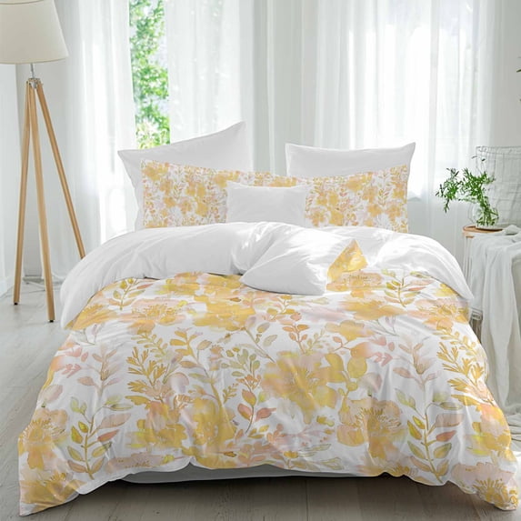 3 Piece Yellow Flowers Duvet Cover Set Queen Size, Microfiber Comforter/Quilt Cover with Corner Ties and 2 Pillowcases, Watercolor Summer Botanical Floral All Season Soft Bedding with Zipper Closure