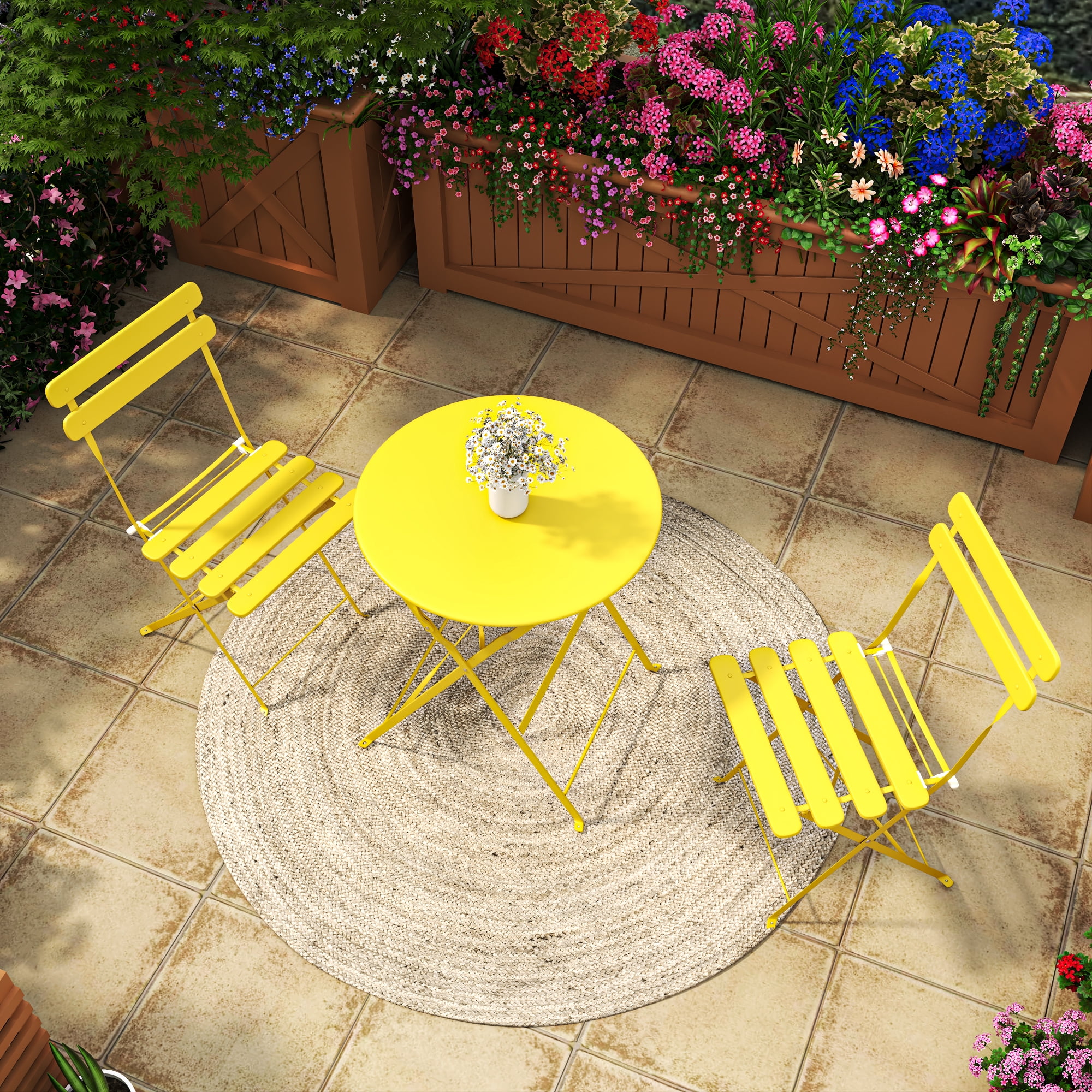 3‑Piece Yellow Folding Bistro Table and 2‑Chair Set, Indoor & Outdoor Patio Furniture with Cushions, Heavy‑Duty Rust‑Resistant Frame for Balcony Yard Garden