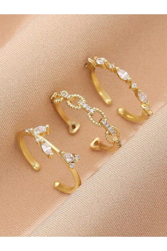 3-Piece Yellow Gold-Tone Adjustable Ring Set With Clear Rhinestones For Women