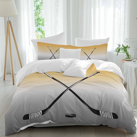 3 Piece Yellow Gray Ombre Duvet Cover Set California King,Microfiber Comforter/Quilt Cover with Corner Ties and 2 Pillowcases,Black Hockey Sticks Minimalist Style Soft Bedding with Zipper Closure