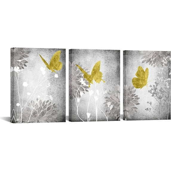 3 Piece Yellow Grey Wall Art Flower with Butterfly Decorative Painting Botanical Plant Picture Prints Gold Artwork Home Bathroom Bedroom Living Room Decor Wrapped Ready to Hang