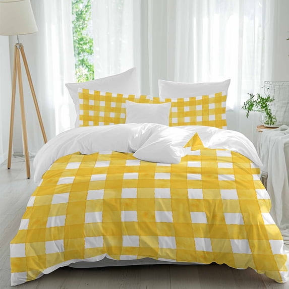 3 Piece Yellow Plaid Duvet Cover Set California King,Microfiber Comforter/Quilt Cover with Corner Ties and 2 Pillowcases,Watercolor Grid Checker Gingham Farmhouse Soft Bedding with Zipper Closure