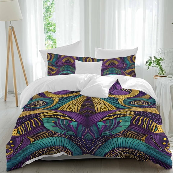 3 Piece Yellow Purple Green Duvet Cover Set Full Size, Microfiber Comforter/Quilt Cover with Corner Ties and 2 Pillowcases, Modern Abstract Art Geometric All Season Soft Bedding with Zipper Closure