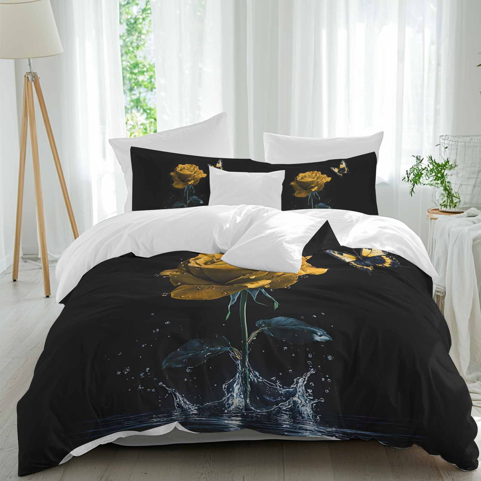 3 Piece Yellow Roses Duvet Cover Set Twin Size, Microfiber Comforter ...