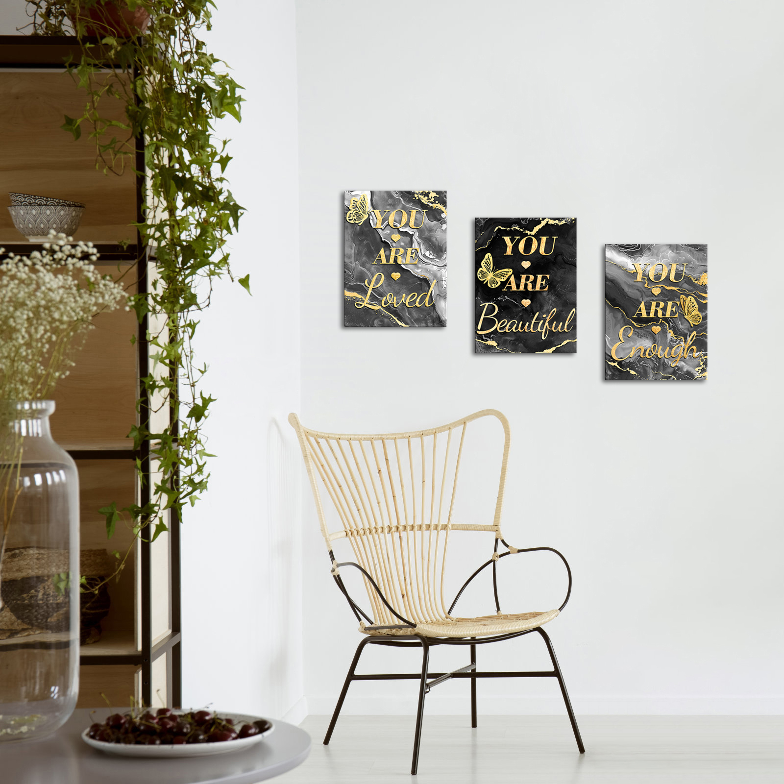 3 Piece You Are Laugh You Are Loved You Are Beautiful Butterfly Black and Gold Poster Prints Wall Art Motivational Canvas Painting Framed Artwork for Living Room Office Decoration