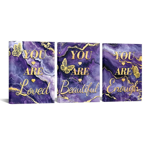 3 Piece You Are Laugh You Are Loved You Are Beautiful Butterfly Purple and Gold Poster Prints Wall Art Motivational Canvas Painting Framed Artwork for Living Room Office Decoration