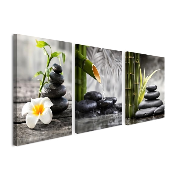 3 Piece Zen Spa Canvas Wall Art Set, Framed Stone and Bamboo Meditation Artwork, Relaxing Bathroom Wall Decor, Modern Nature Pictures for Bedroom, Living Room, Office and Home Decor