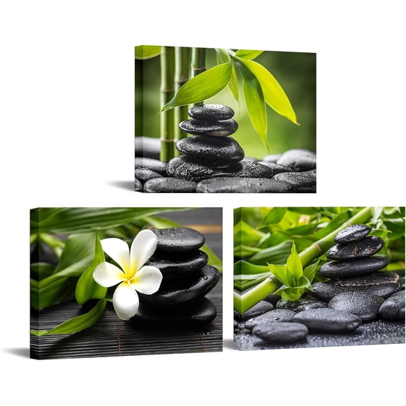 3 Piece Zen Spa Canvas Wall Art Set, Framed Stone and Bamboo Meditation Artwork, Relaxing Bathroom Wall Decor, Modern Nature Pictures for Bedroom, Living Room, Office and Home Decor