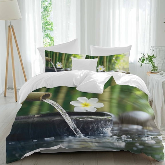 3 Piece Zen Stones Water Flowing Duvet Cover Set Twin Size, Microfiber Comforter/Quilt Cover with Corner Ties and 2 Pillowcases, Floral Green Forest All Season Soft Bedding with Zipper Closure