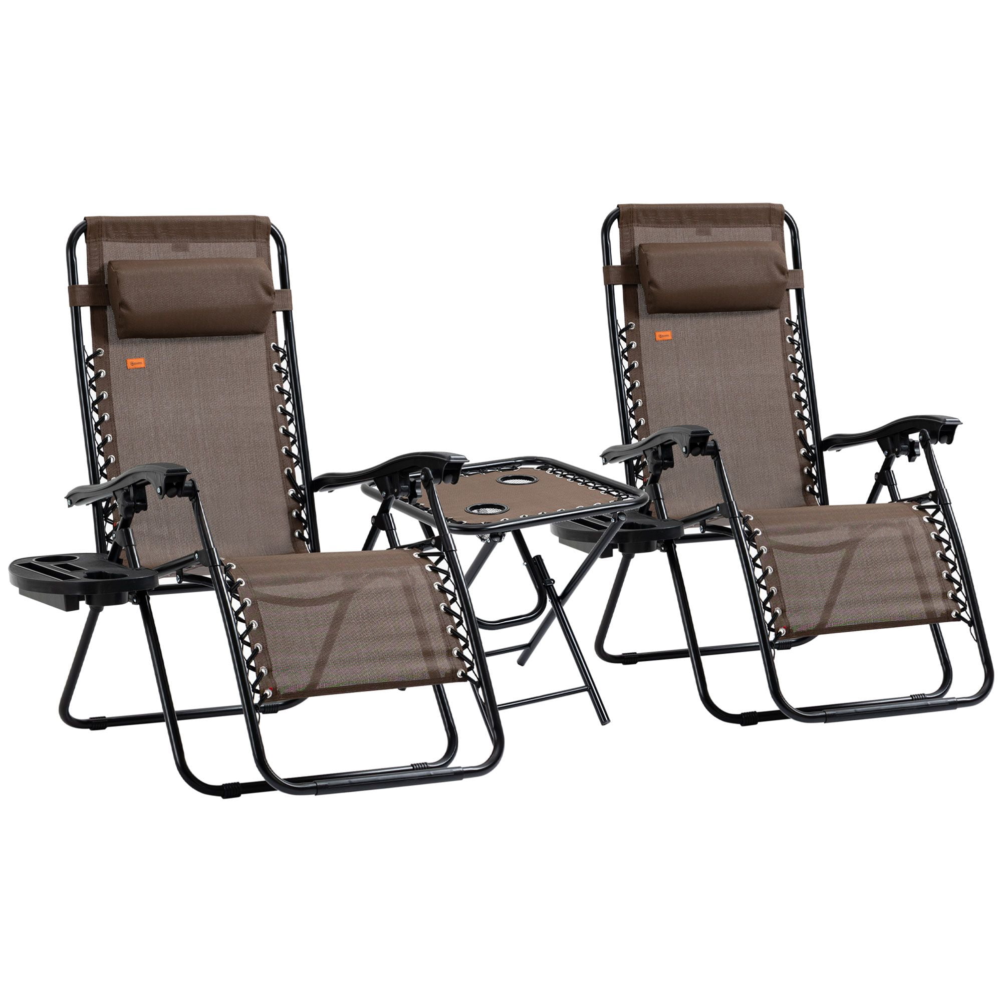 3 Piece Zero Gravity Chair Set of 2 with Folding Side Table, Reclining Outdoor Lounge Chairs Breathable Mesh Steel Frame with Side Trays Cupholders Supports 264lbs Per Chair