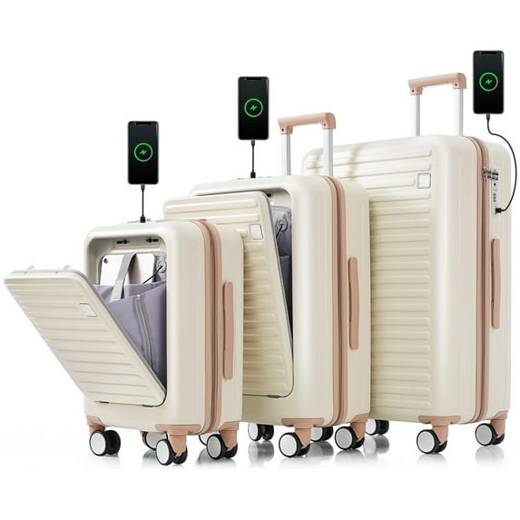 3 Piece luggage sets, Expandable Luggage 20/24/28 Inches with USB Port and Cup Holder, ABS Hardshell Luggage with Front Compartment, Airline Approved, White