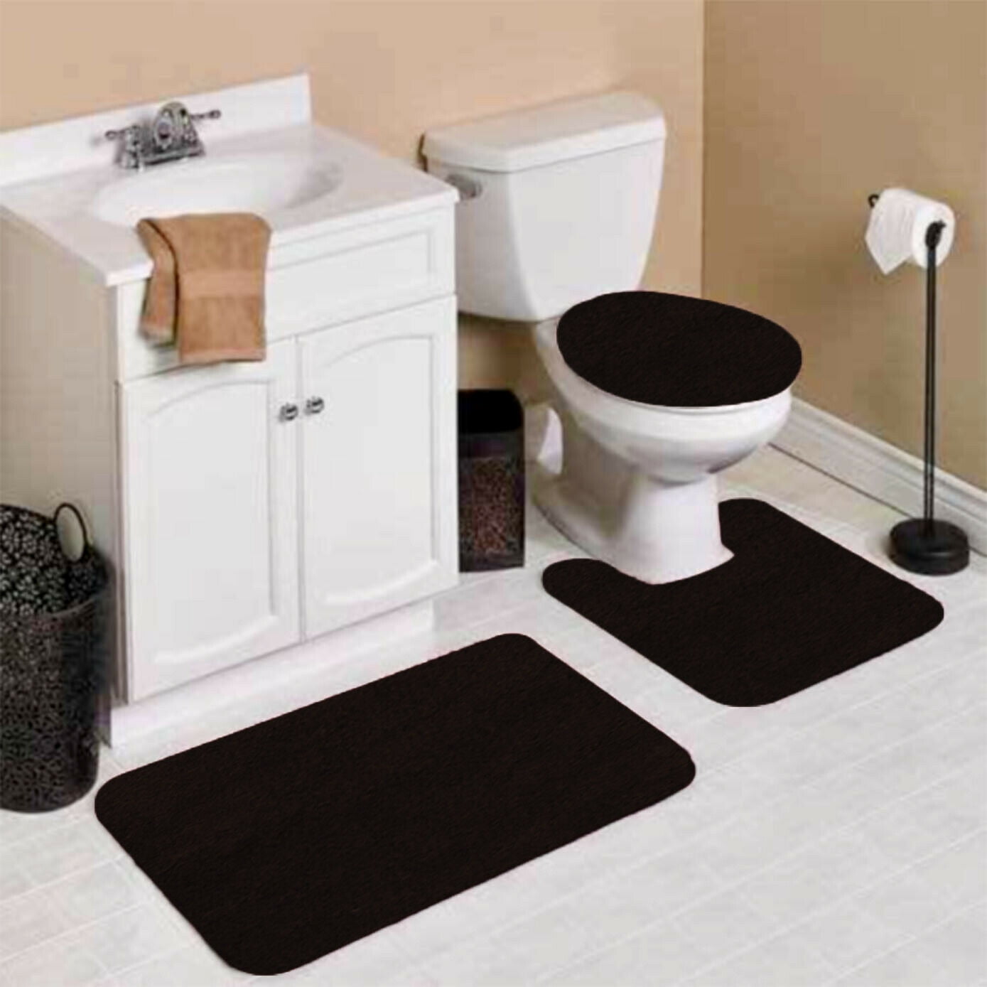 3-Piece Black Chenille Bathroom Mat Set, Ultra Absorbent, Anti-Slip ...