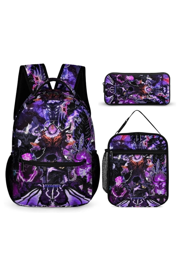 3-PieceSolo Anime Leveling Arise Large Capacity Anime Backpack with Lunch Bag & Pen Case | Casual Schoolbag for Travel, Outdoor, Fashion Daypack