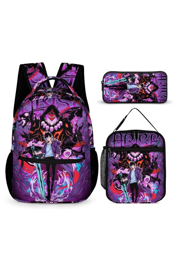 3-PieceSolo Anime Leveling Arise Large Capacity Anime Backpack with Lunch Bag & Pen Case | Casual Schoolbag for Travel, Outdoor, Fashion Daypack