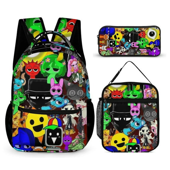 3-PieceSprunki Large Capacity Anime Backpack with Lunch Bag & Pen Case | Casual Schoolbag for Travel, Outdoor, Fashion Daypack