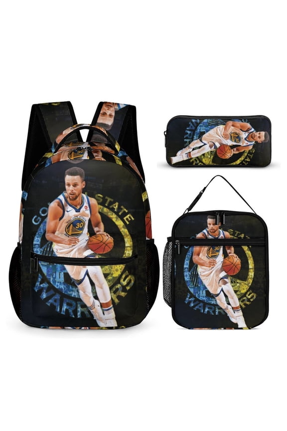 3-PieceStephen Basketball Curry Large Capacity Anime Backpack with Lunch Bag & Pen Case | Casual Schoolbag for Travel, Outdoor, Fashion Daypack