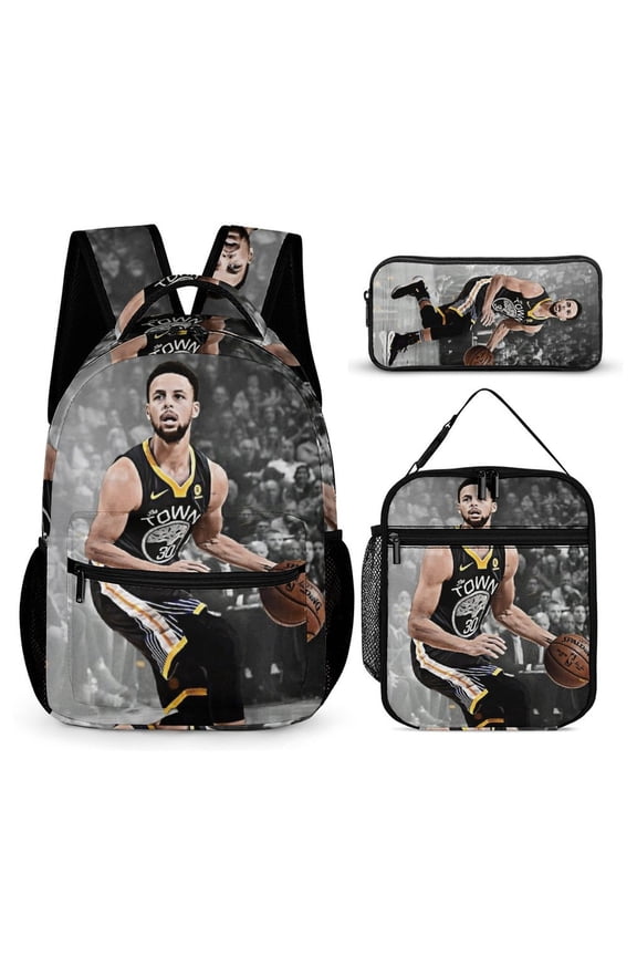3-PieceStephen Basketball Curry Large Capacity Anime Backpack with Lunch Bag & Pen Case | Casual Schoolbag for Travel, Outdoor, Fashion Daypack