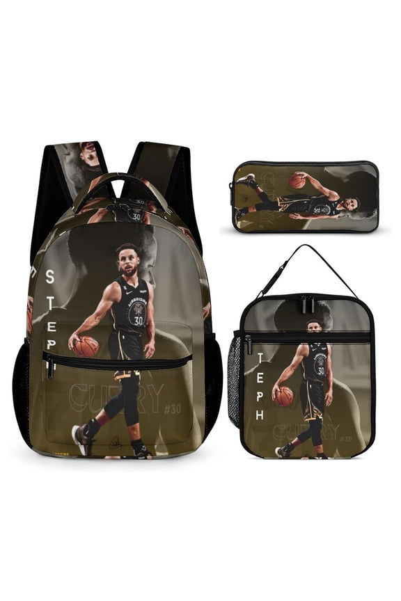 3-PieceStephen Basketball Curry Large Capacity Anime Backpack with Lunch Bag & Pen Case | Casual Schoolbag for Travel, Outdoor, Fashion Daypack
