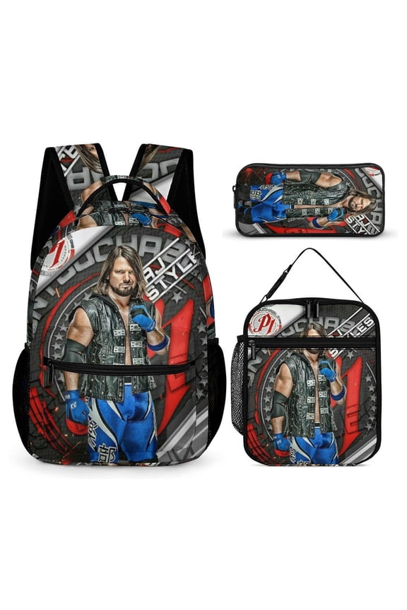 3-PieceW-W-E A-J Styles Large Capacity Anime Backpack with Lunch Bag & Pen Case | Casual Schoolbag for Travel, Outdoor, Fashion Daypack