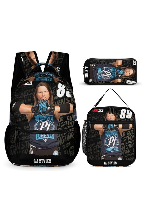 3-PieceW-W-E A-J Styles Large Capacity Anime Backpack with Lunch Bag & Pen Case | Casual Schoolbag for Travel, Outdoor, Fashion Daypack