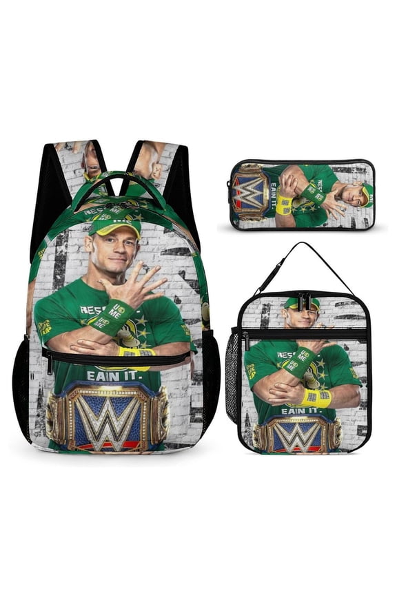 3-PieceW-W-E John Cena Large Capacity Anime Backpack with Lunch Bag & Pen Case | Casual Schoolbag for Travel, Outdoor, Fashion Daypack