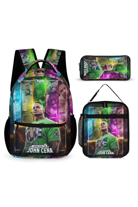 3-PieceW-W-E John Cena Large Capacity Anime Backpack with Lunch Bag & Pen Case | Casual Schoolbag for Travel, Outdoor, Fashion Daypack
