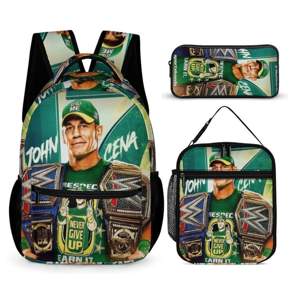 3-PieceW-W-E John Cena Large Capacity Anime Backpack with Lunch Bag & Pen Case | Casual Schoolbag for Travel, Outdoor, Fashion Daypack