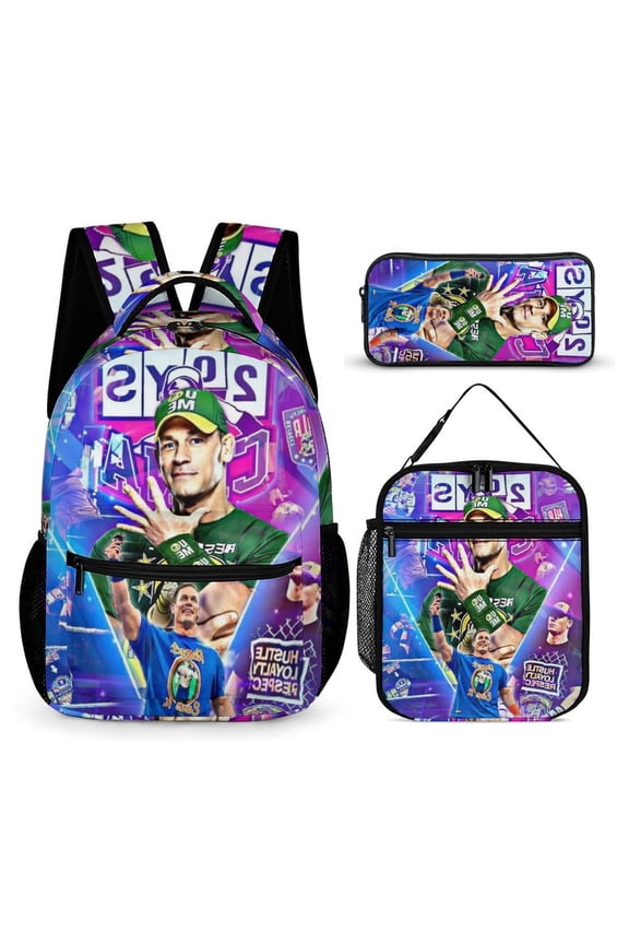 3-PieceW-W-E John Cena Large Capacity Anime Backpack with Lunch Bag & Pen Case | Casual Schoolbag for Travel, Outdoor, Fashion Daypack