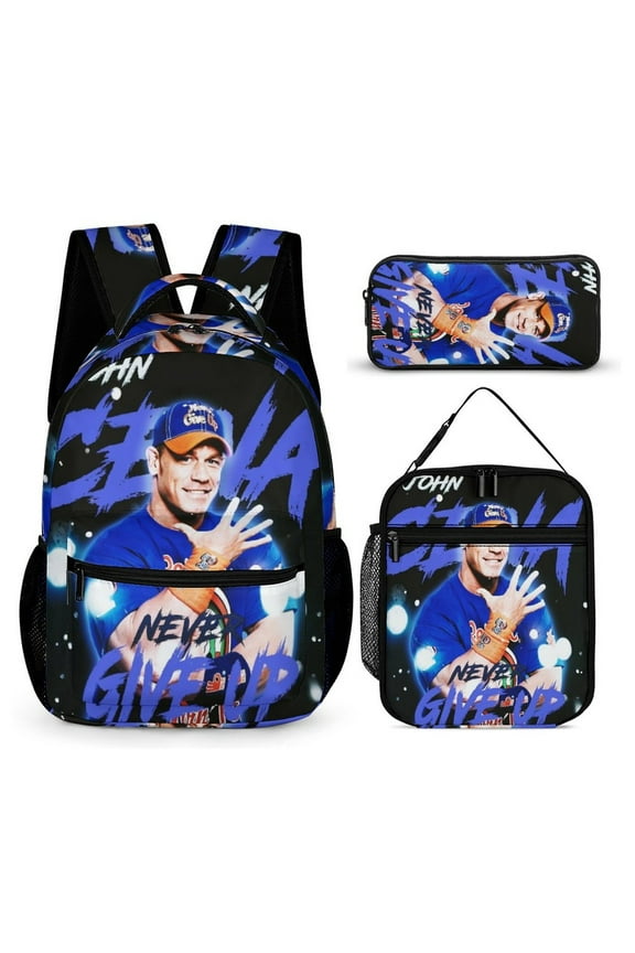3-PieceW-W-E John Cena Large Capacity Anime Backpack with Lunch Bag & Pen Case | Casual Schoolbag for Travel, Outdoor, Fashion Daypack