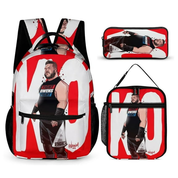 3-PieceW-W-E Kevin Owens Large Capacity Anime Backpack with Lunch Bag & Pen Case | Casual Schoolbag for Travel, Outdoor, Fashion Daypack