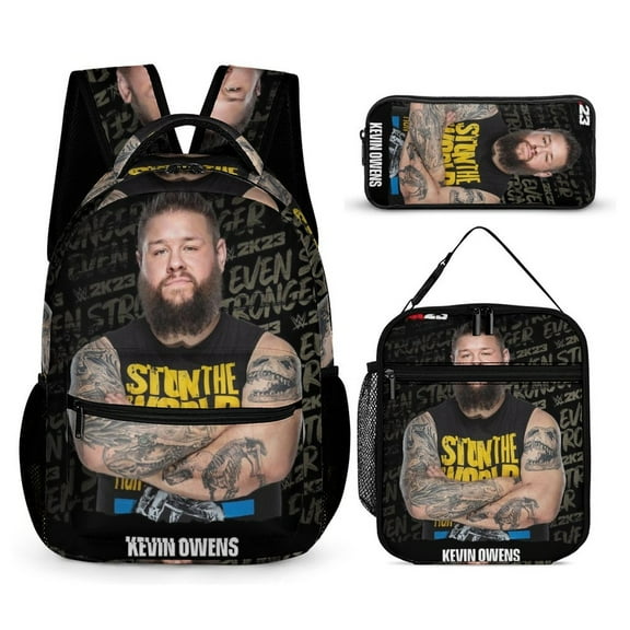 3-PieceW-W-E Kevin Owens Large Capacity Anime Backpack with Lunch Bag & Pen Case | Casual Schoolbag for Travel, Outdoor, Fashion Daypack