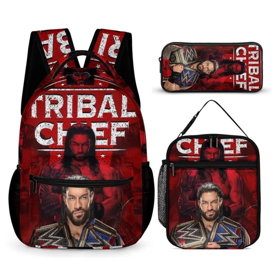 3-PieceW-W-E Roman Reigns Large Capacity Anime Backpack with Lunch Bag & Pen Case | Casual Schoolbag for Travel, Outdoor, Fashion Daypack
